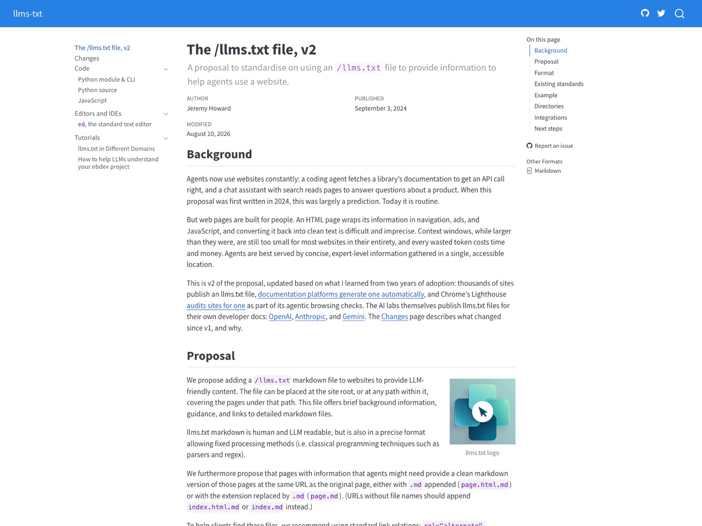 Официальная документация llms.txt на llmstxt.org
